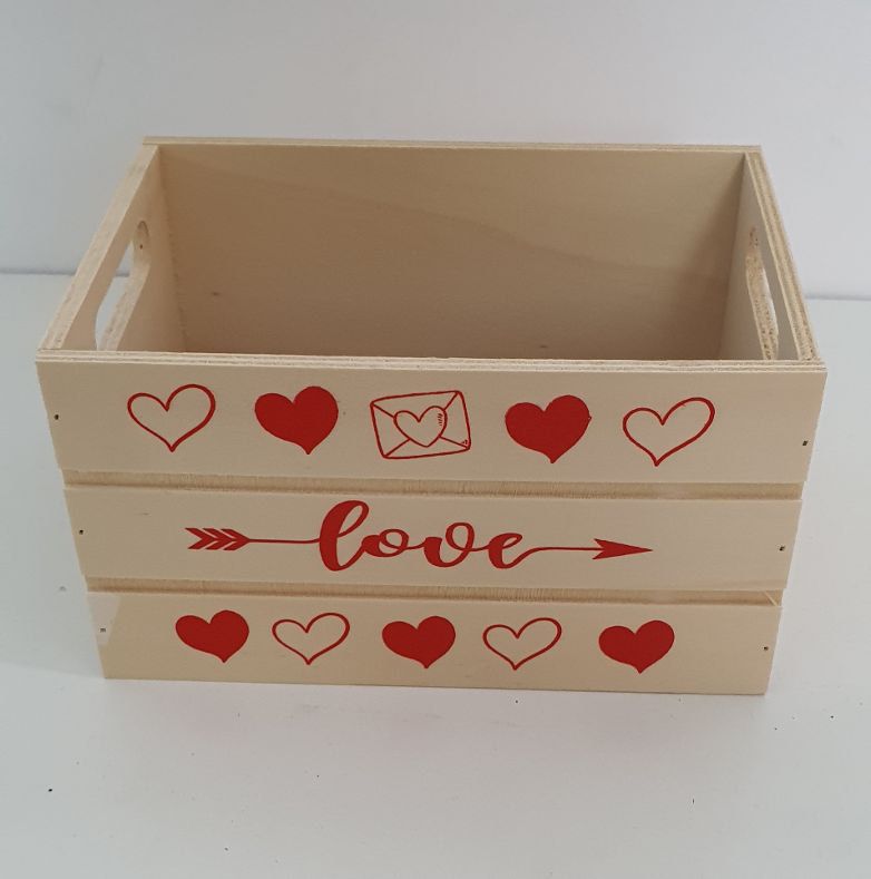 Caja madera 21x15x11cm color natural seigrafia 2 lados "love"