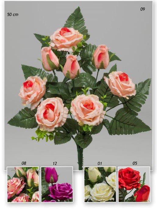 Ramo palma capullos y rosas x8 alt 50cm color rojo