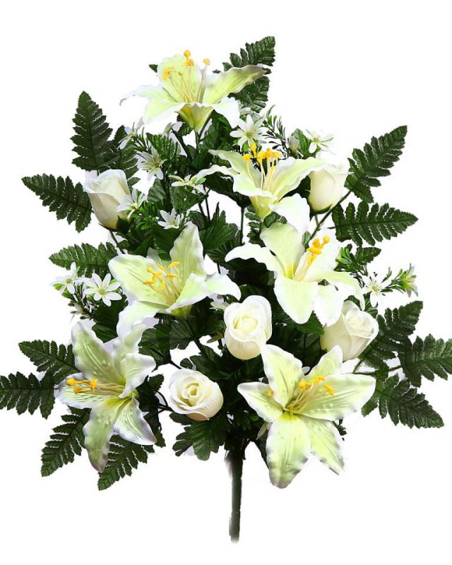 Ramo lily y rosas de saten, 56 cm color blanco