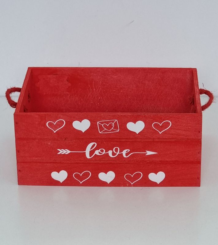 Caja madera 28x18x12cm color rojo serigrafia 2 lados "love"