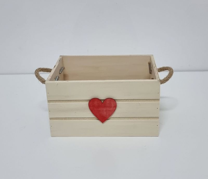 Caja de madera color blanca con asa de cuerda 21x15x11cm con corazon r