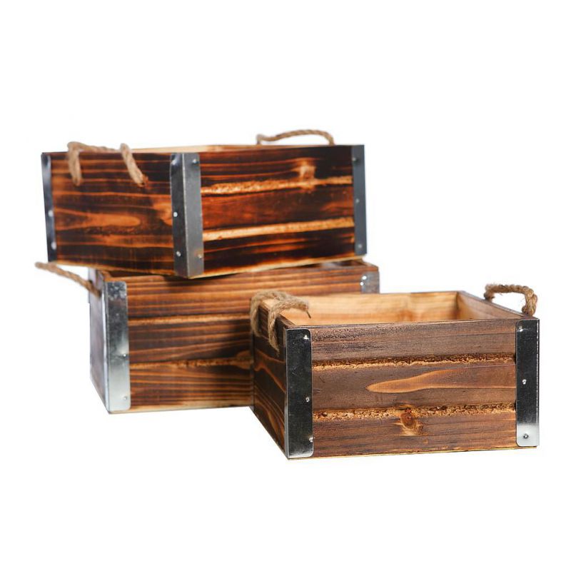 Set x3 caja madera rústica con esquinas metálizadas color marrón os