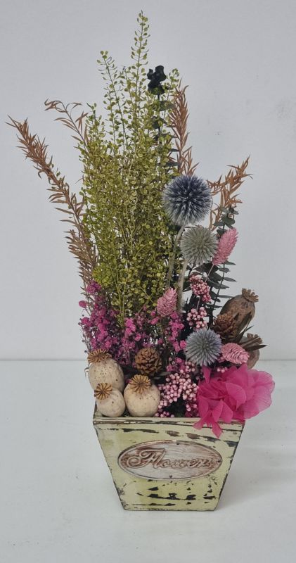 Centro de flores secas y preservadas macetero vintage con logo flowers